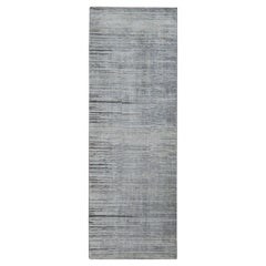 3'x9' Ash Gray, Horizontal Ombre Design, Pure Silk, Hand Knotted, Runner Rug