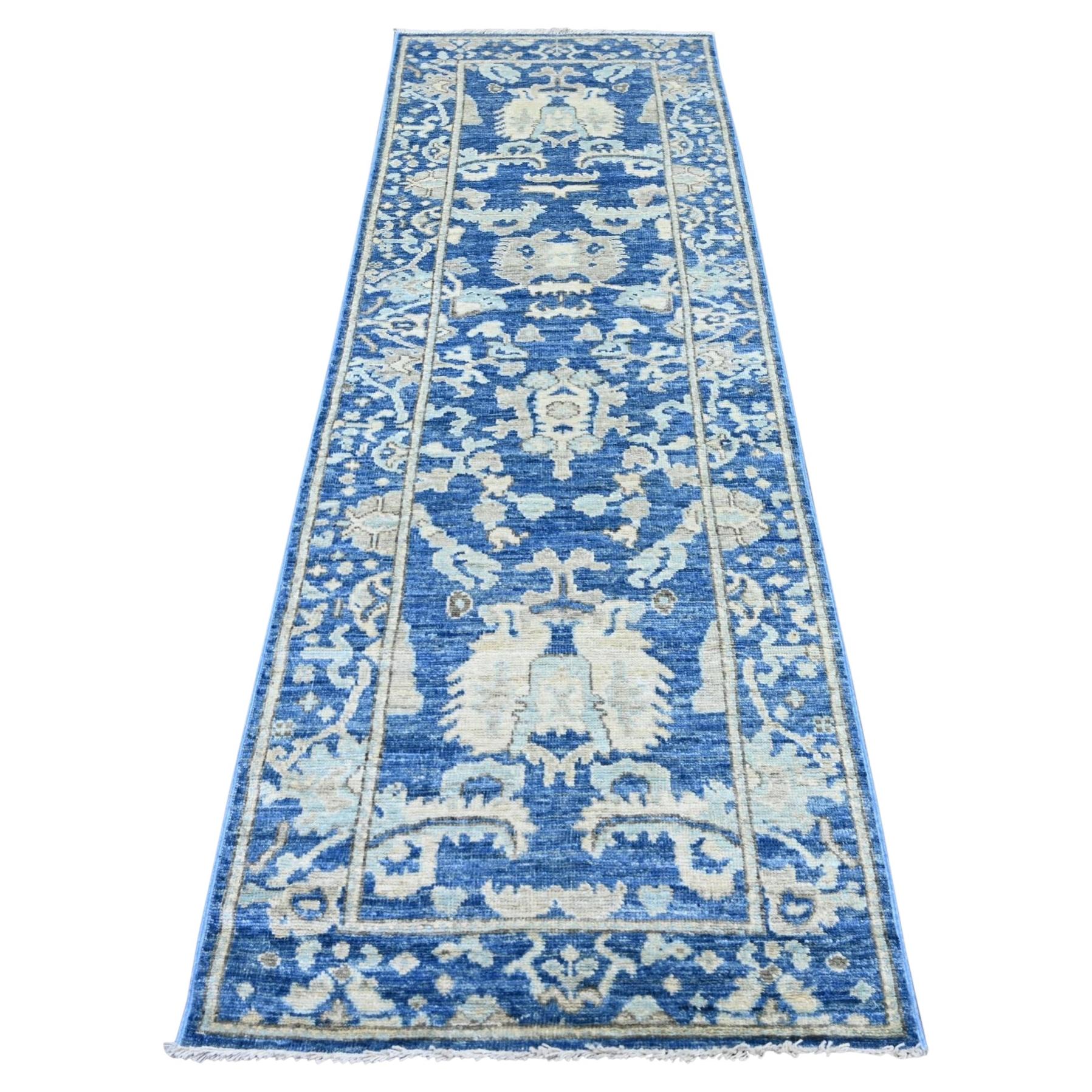 3'x9' Blue Afghan Angora Oushak Leaf Design Hand Knotted Wool Runner Rug
