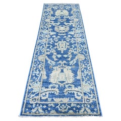 Tappeto Runner in lana annodato a mano 3'x9' Blue Afghan Angora Oushak Leaf Design