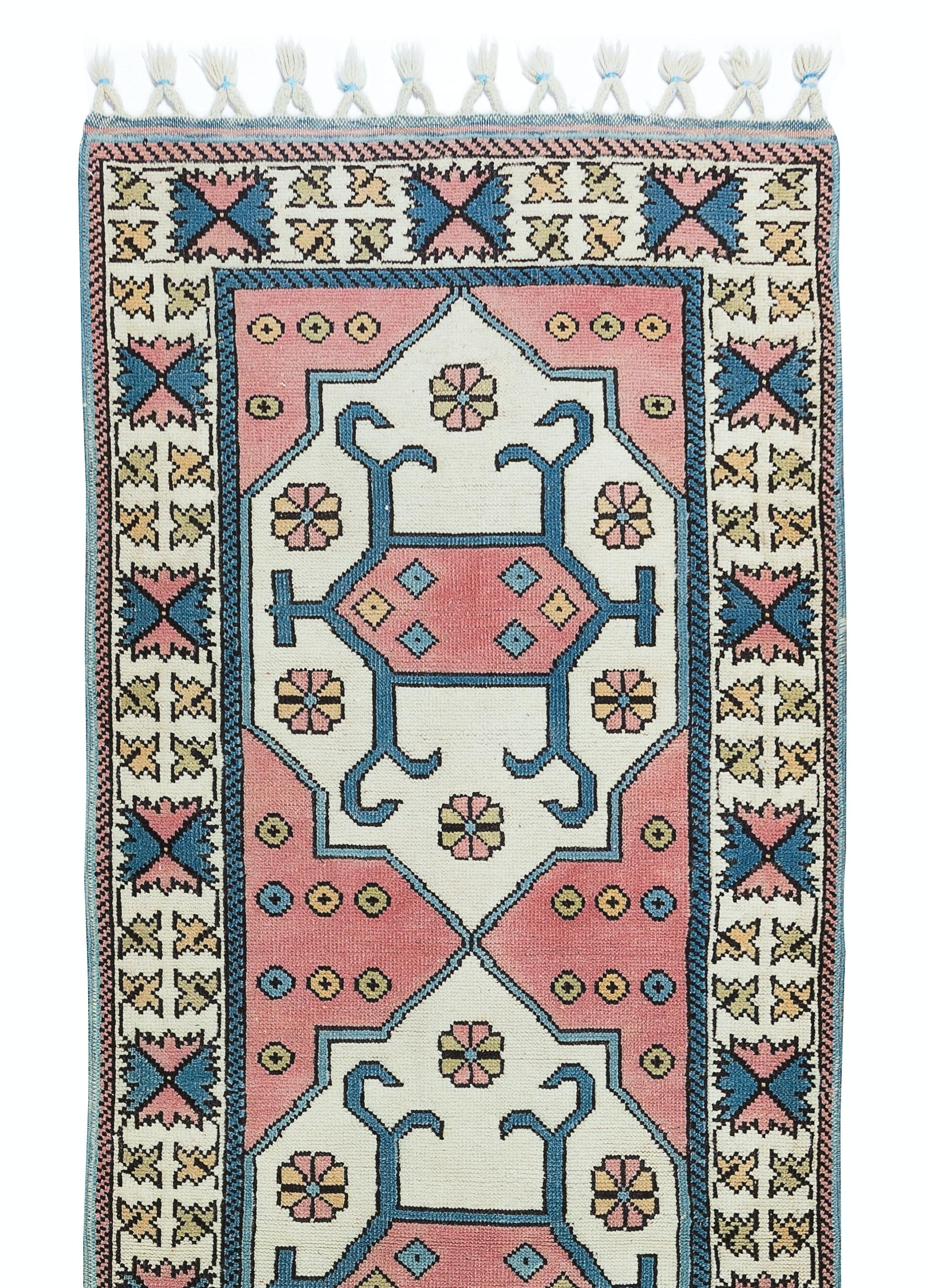 Turkish 3x9 Ft Traditional Vintage Hand Knotted Anatolian Wool Runner Rug for Hallway For Sale