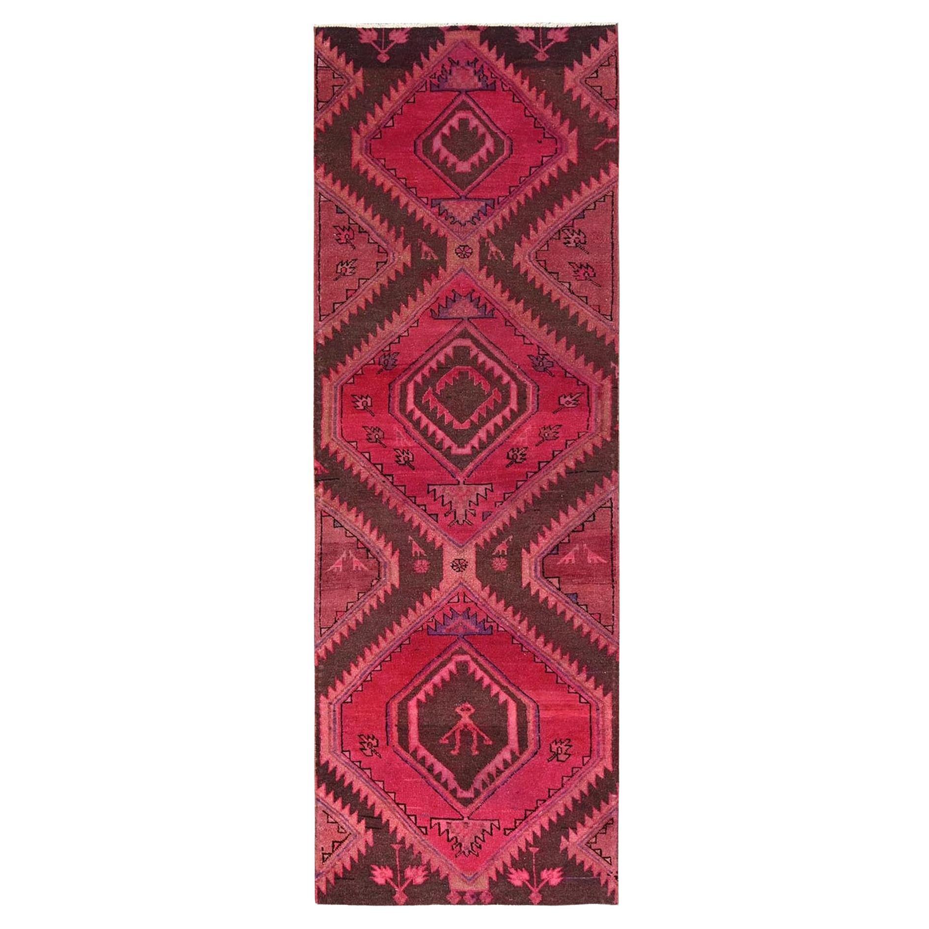 3
x9
 Hot Pink Overdyed Vintage Persian Kerman Hand Knotted Wool Runner Rug For Sale