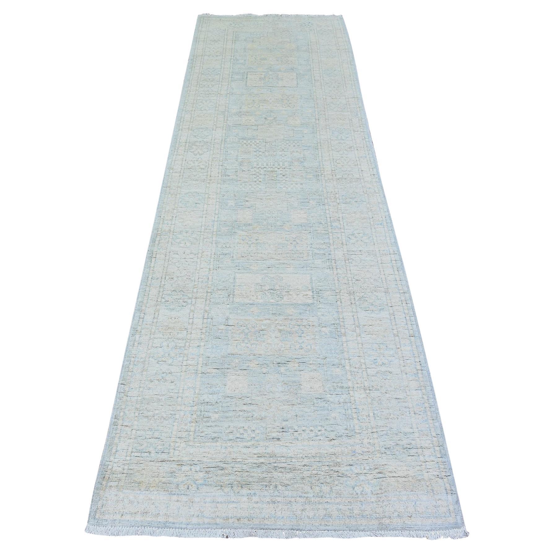 3'x9'10" Glaucous Gray Washed Out Peshawar Wool Hand Knoted Runner Rugs