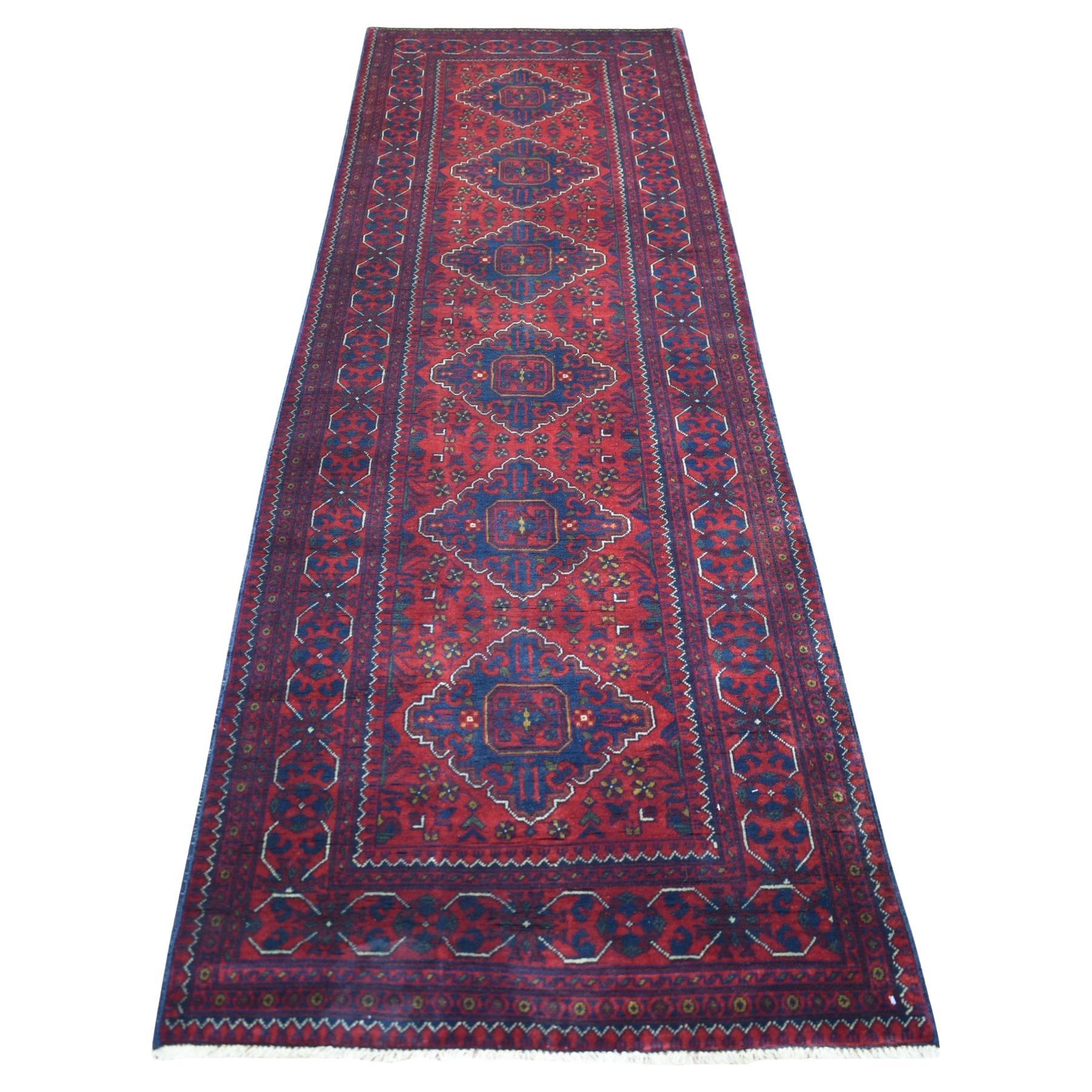 3'x9'10" Rouge Geometric Design Hand Knots Afghan Khamyab Runner Orientel Rug