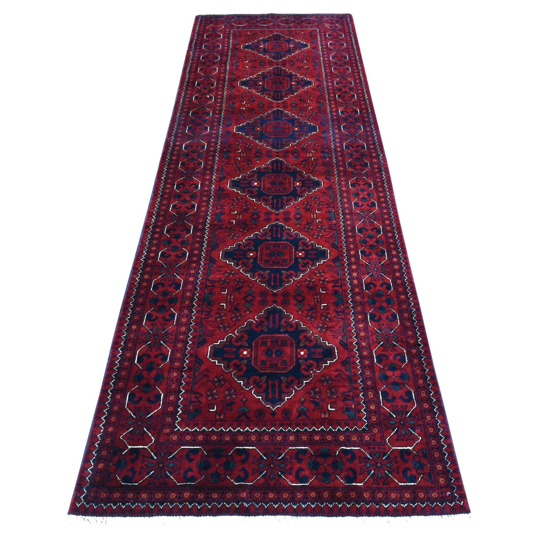 3'x9'10" Rot Geometrisches Design Hand geknüpft Afghan Khamyab Wolle Läufer Teppich