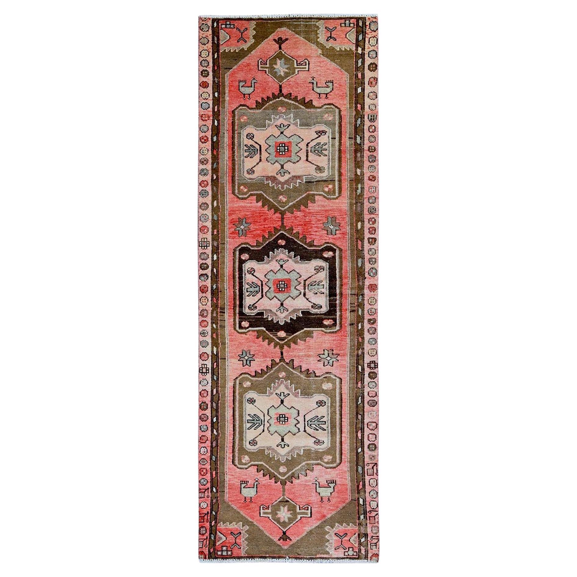 3'x9'2" Coral Red Semi Antique Persian Bakhtiar Hand Knotted Wool Runner Rug