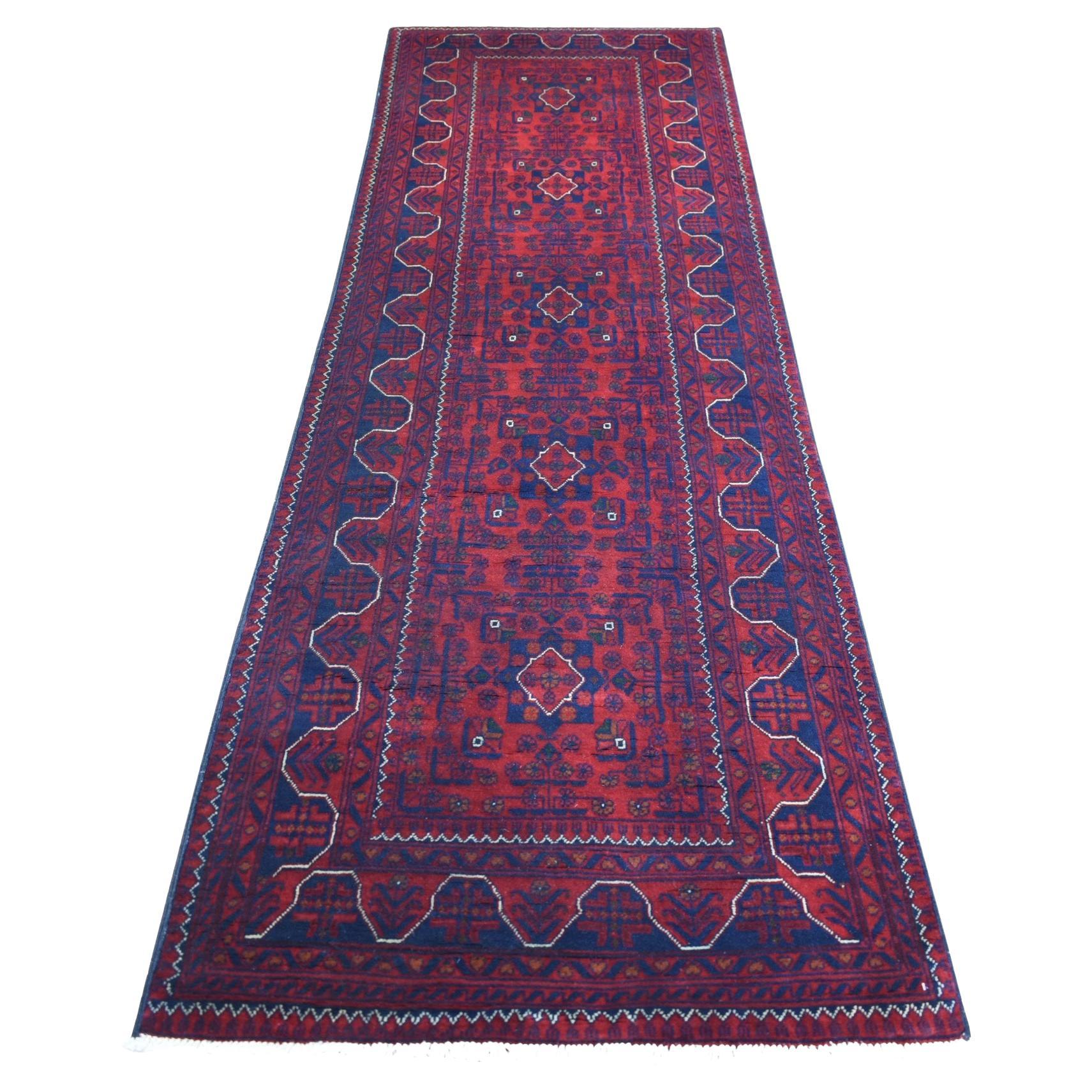 3'x9'3" Deep Red, Afghan Khamyab Soft Wool Hand Knotted Runner Rug