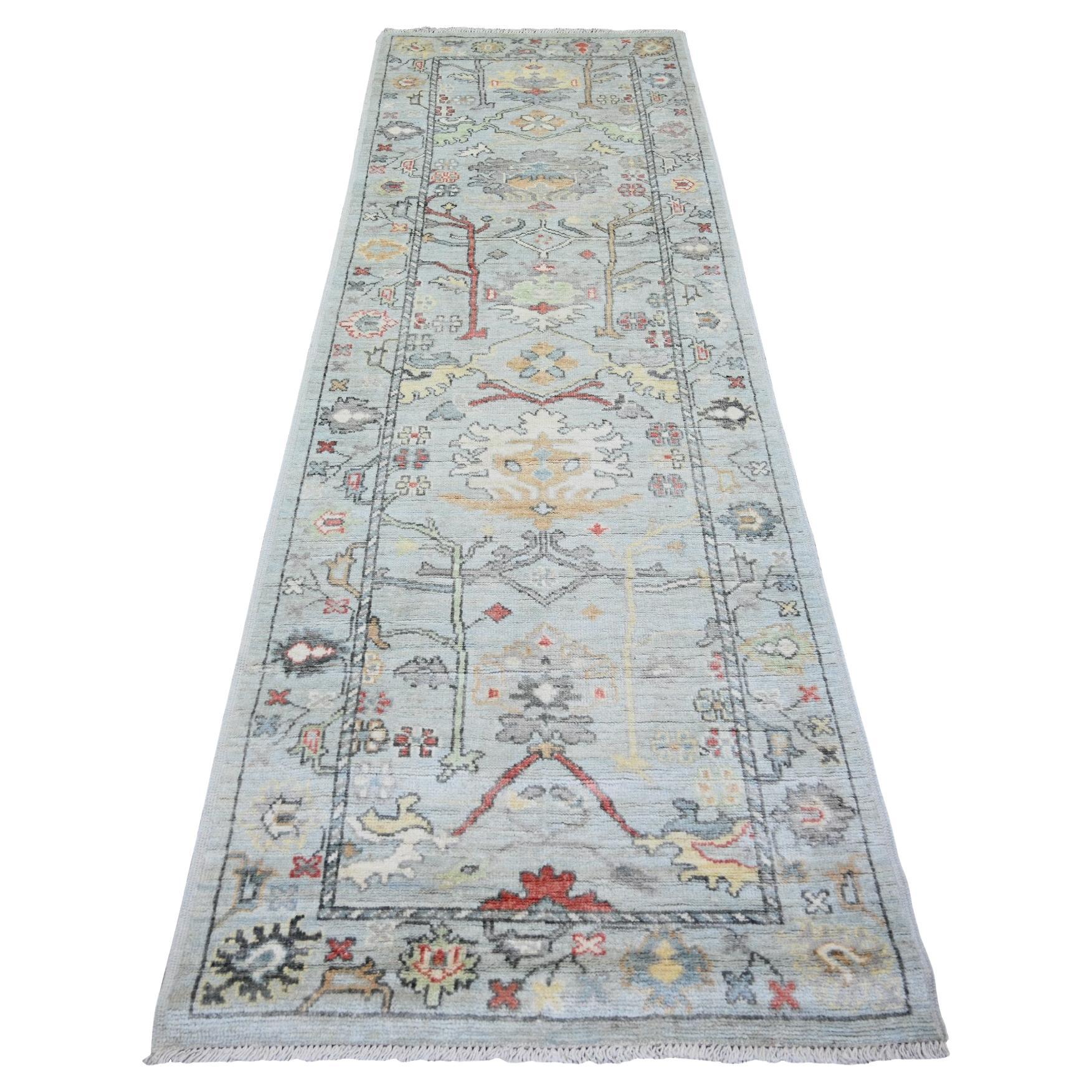3'x9'5" Alice Blue Afghan Angora Oushak Colorful Wool Hand Knotted Runner Rug