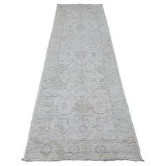 3'x9'5" Lace White Hand Knotted Afghan Angora Oushak Pure Wool Runner Rug