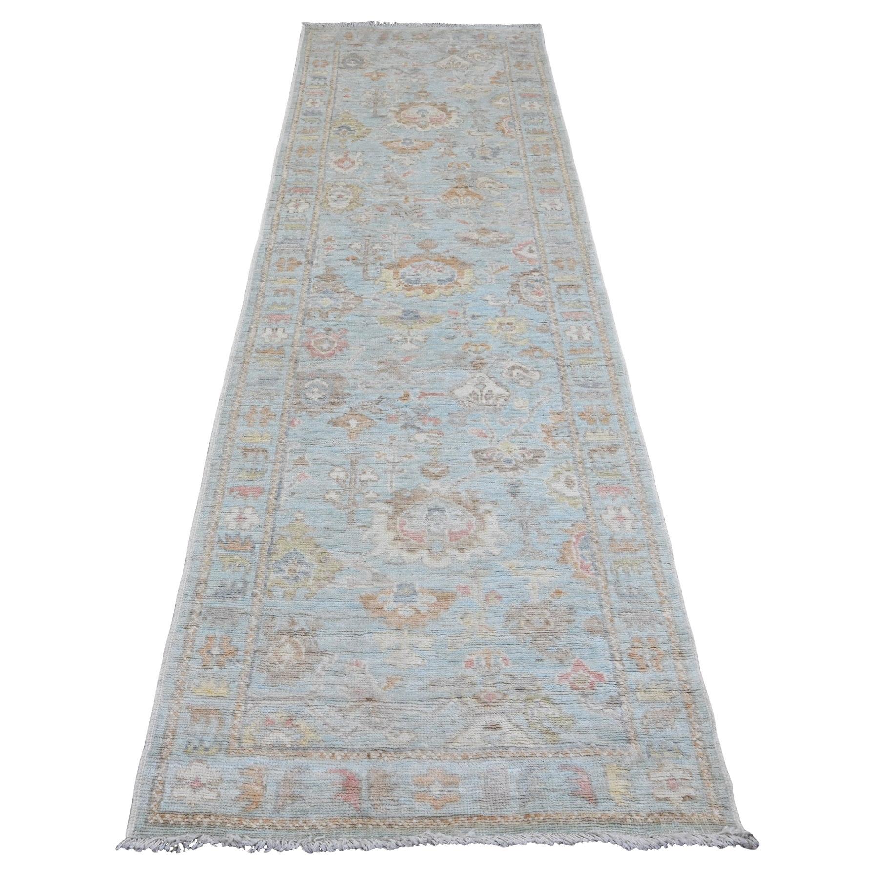 3'x9'6" Blue Hand Knotted Afghan Angora Oushak Leaf Design All Wool Runner Rug