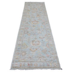 3'x9'6" Blue Hand Knotted Afghan Angora Oushak Leaf Design All Wool Runner Rug
