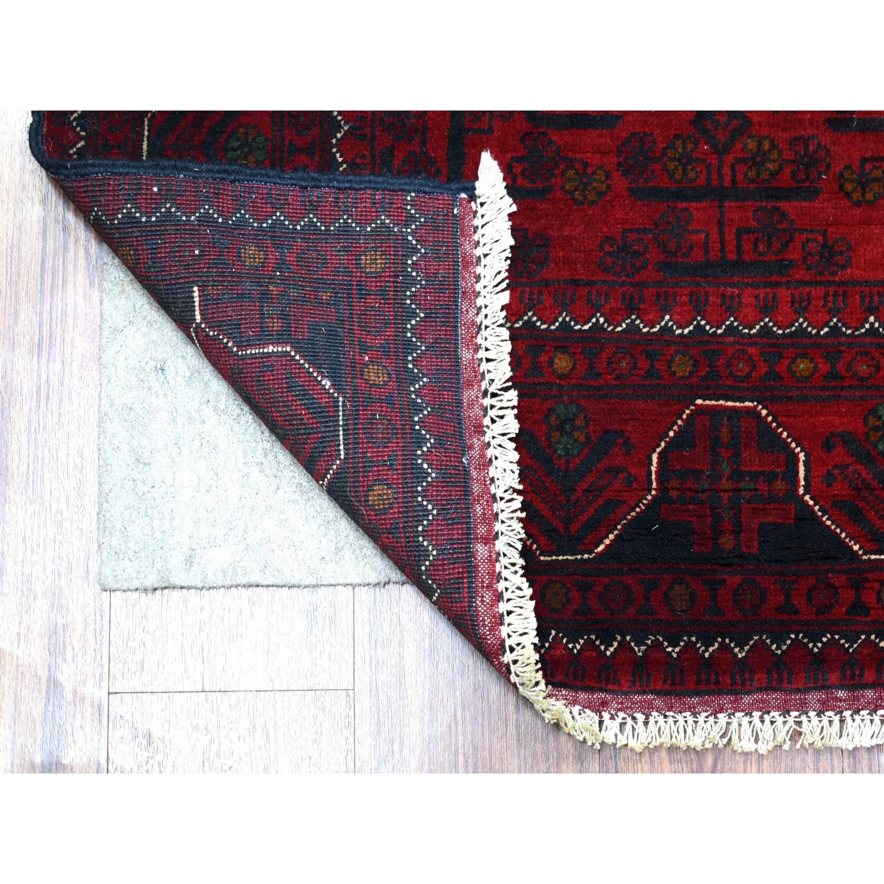 This is a truly genuine one-of-a-kind Deep and Saturated Red, Afghan Khamyab with Geometric Design, Shiny Wool Hand Knotted, Wide Runner Oriental Rug. It has been Knotted for months and months in the centuries-old weaving craftsmanship techniques by