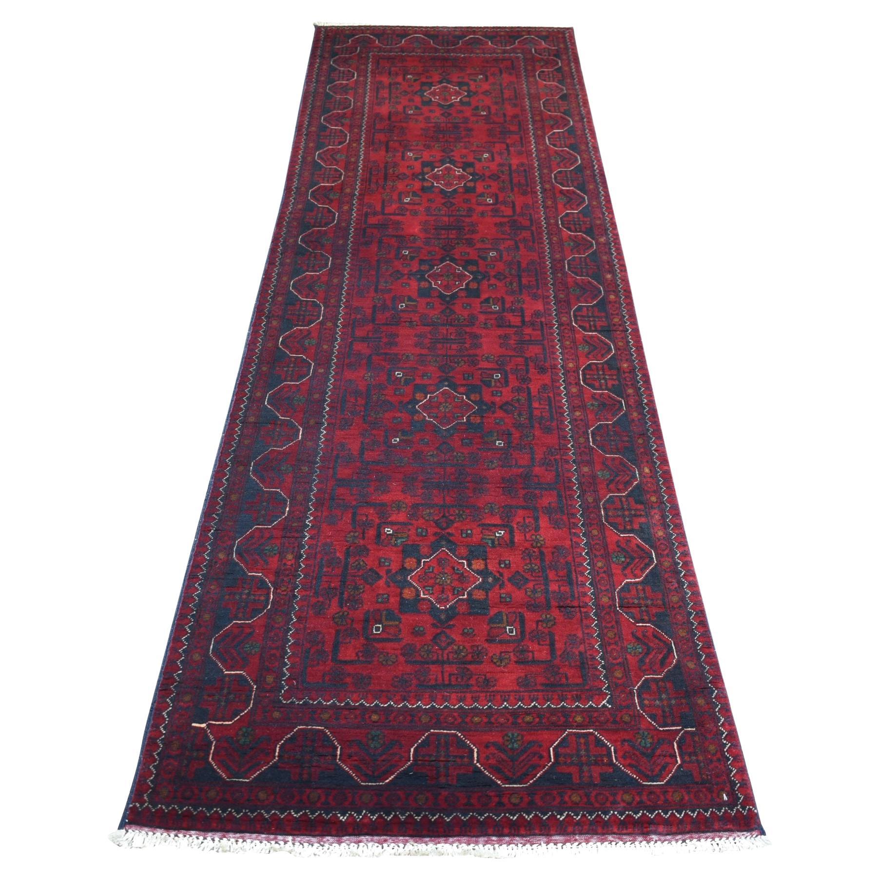 3'x9'6" Deep Red Afghan Khamyab Shiny Wool Hand Knotted Wide Runner Rug