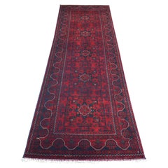 3'x9'6" Deep Red Afghan Khamyab Shiny Wool Hand Knotted Wide Runner Rug