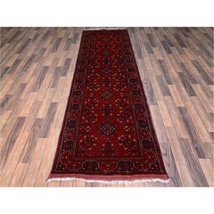 3'x9'6" Red Afghan Andkhoy with Tribal Design Wool Hand Knotted Runner Rug