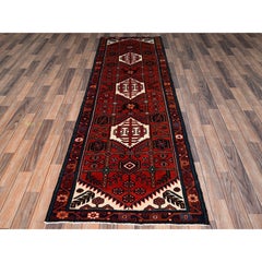 3'x9'6" Scarlet Red Full Pile New Persian Hamadan Hand Knotted Wool Runner Rug