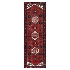 3'x9'6" Scarlet Red Full Pile New Persian Hamadan Hand Knotted Wool Runner Rug