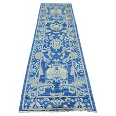 3'x9'7" Blue Afghan Angora Oushak Leaf Design Hand Knotted Wool Runner Rug