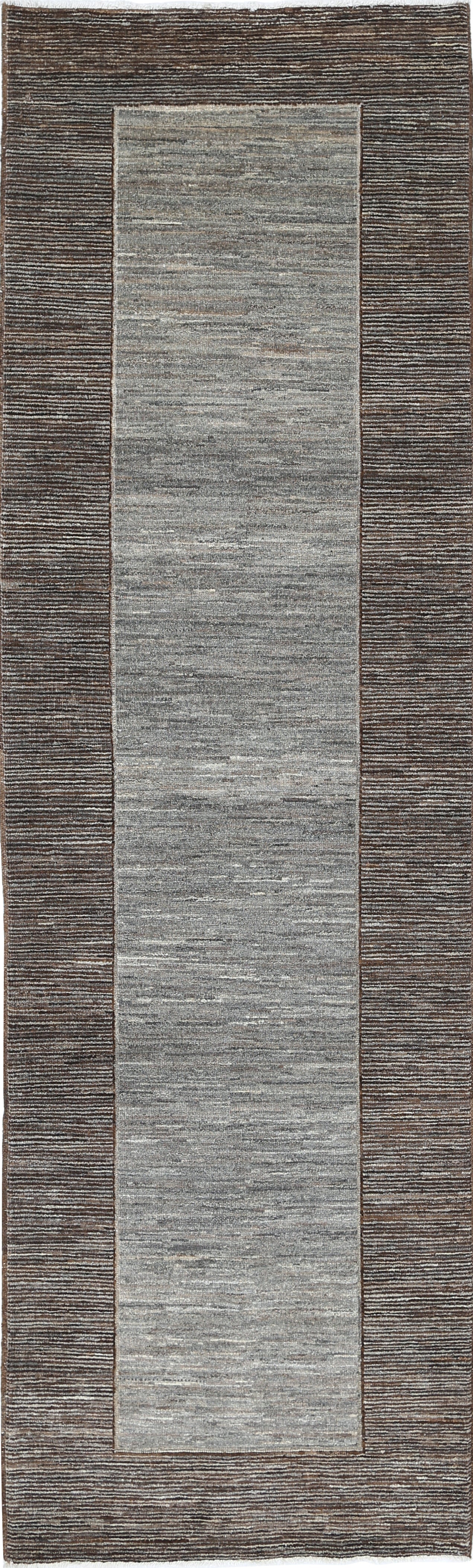 3x9.7 ft Hand Knotted Brown, Gray Wool Runner Rug. Modern Minimalist Hallway Rug