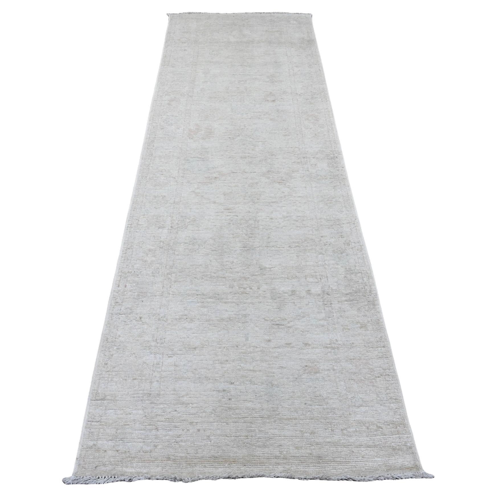3'x9'7" Gray Afghan Angora Oushak All Over Motif Hand Knotted Wool Runner Rug For Sale