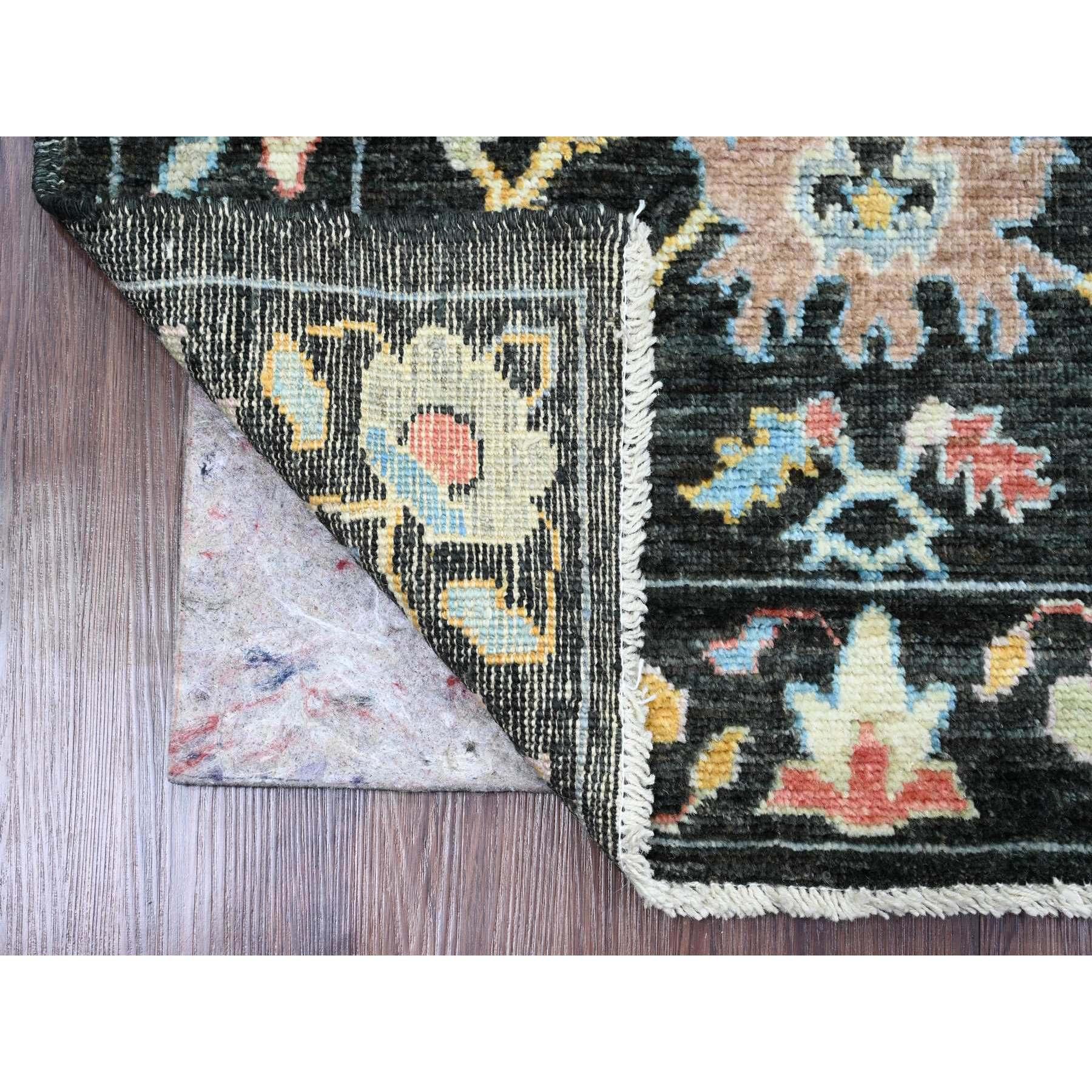 Charcoal Black, Afghan Angora Oushak with Floral Pattern, Hand Knotted, Veggie Dyes, Pure Wool, Runner, Oriental Rug
Primary materials: Wool
Latex: No Pile 
height: 0.25 Inches
Style: Transitional
Primary color: Black
Secondary colors: Light Blue,