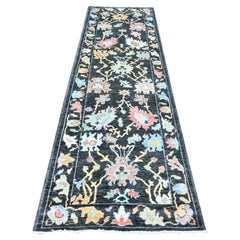 3'x9'8" Black Afghan Angora Oushak Floral Pattern Hand Knotted Wool Runner Rug