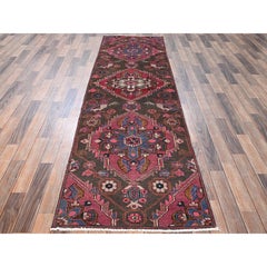 3'x9'8" Brown Vintage Persian Hamadan Hand Knotted Wool Runner Oriental Rug