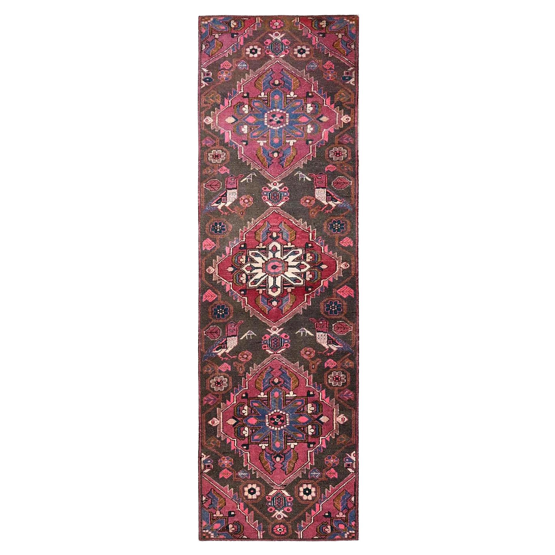 3'x9'8" Brown Vintage Zoroastrian Amadan Hand Knotted Wool Runner Oriental Rug
