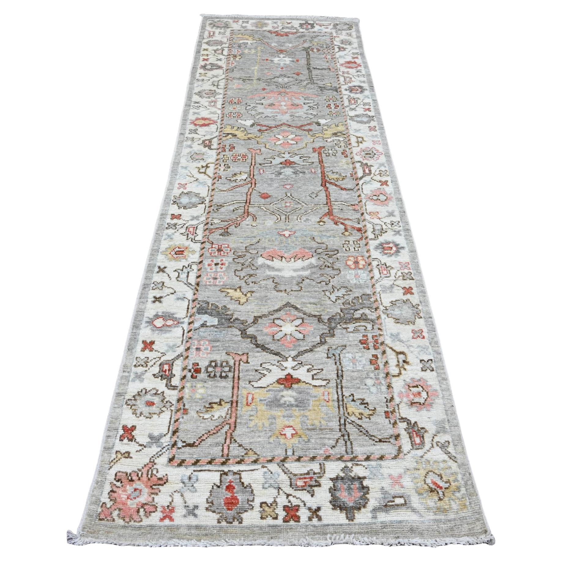 3'x9'8" Gray Afghan Angora Oushak Floral Motifs Hand Knotted Wool Runner Rug For Sale