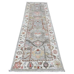 3'x9'8" Gray Afghan Angora Oushak Floral Motifs Hand Knotted Wool Runner Rug