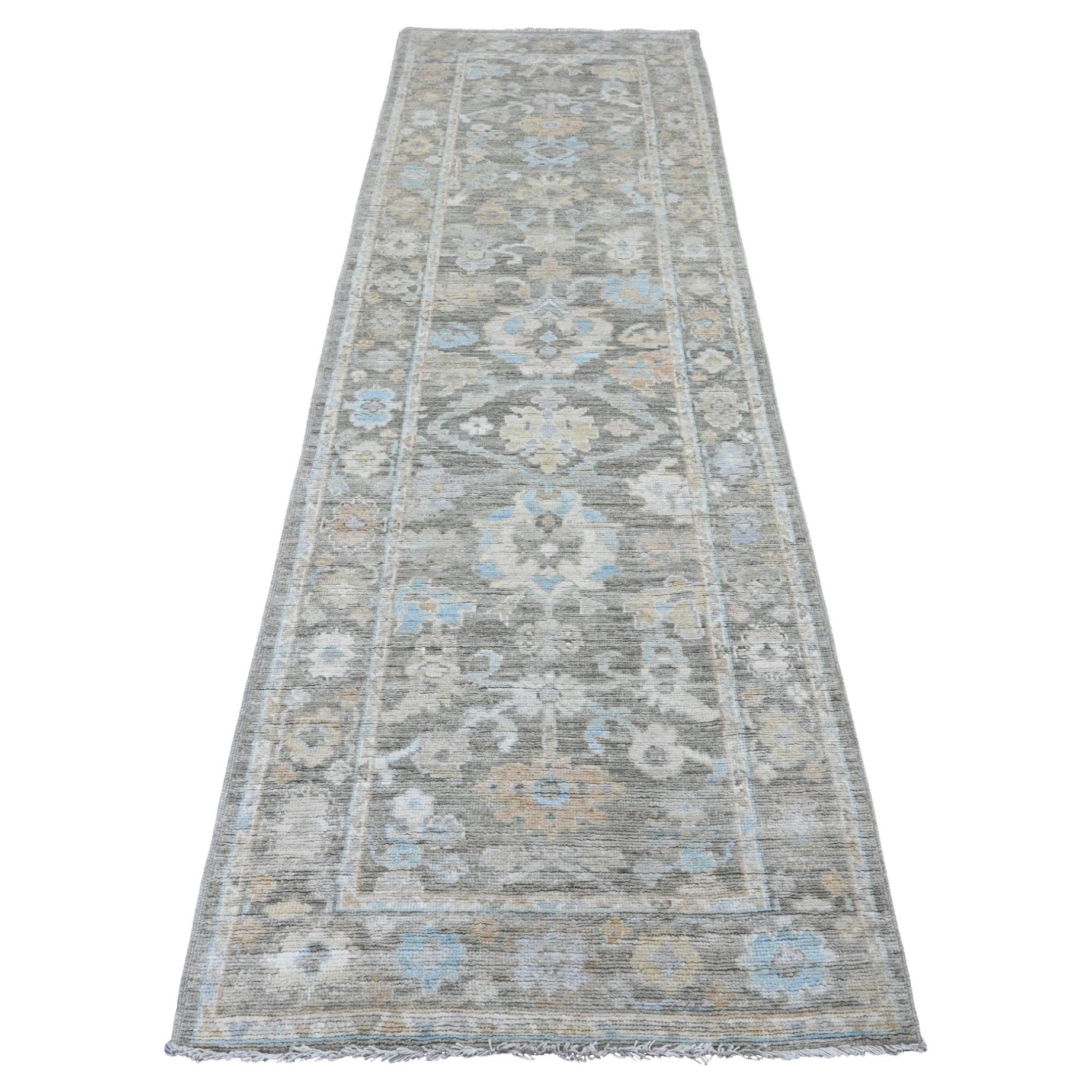 3'x9'8" Gray Hand Knotted Afghan Angora Oushak Leaf Design Wool Runner Rug
