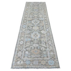 3'x9'8" Gray Hand Knotted Afghan Angora Oushak Leaf Design Wool Runner Rug