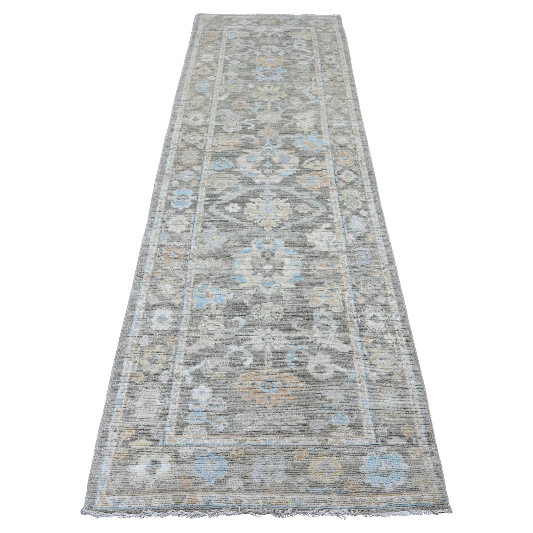 3
x9
8" Gray Hand Knotted Afghan Angora Oushak Leaf Design Wool Runner Rug