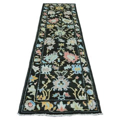 3'x9'9" Black Afghan Angora Oushak Leaf Design Hand Knotted Wool Runner Rug