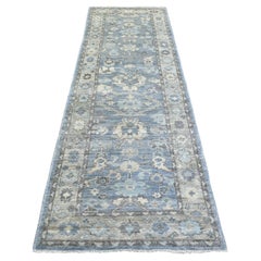 3'x9'9" Blau Angora Oushak Bold Farbe Blatt Design Hand geknüpfte Wolle Läufer Teppich
