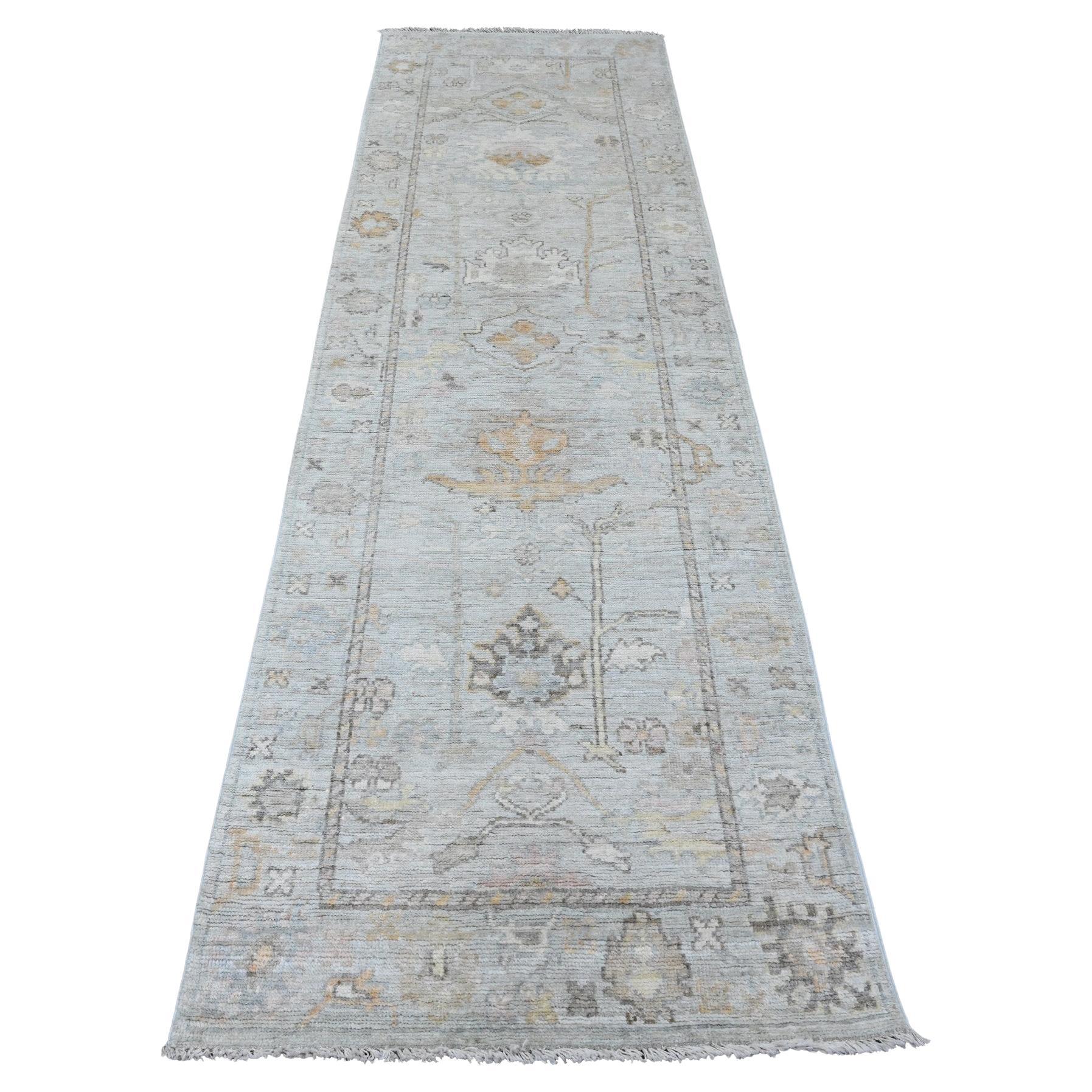 3'x9'9" Gray Afghan Angora Oushak Leaf Design Hand Knotted All Wool Runner Rug