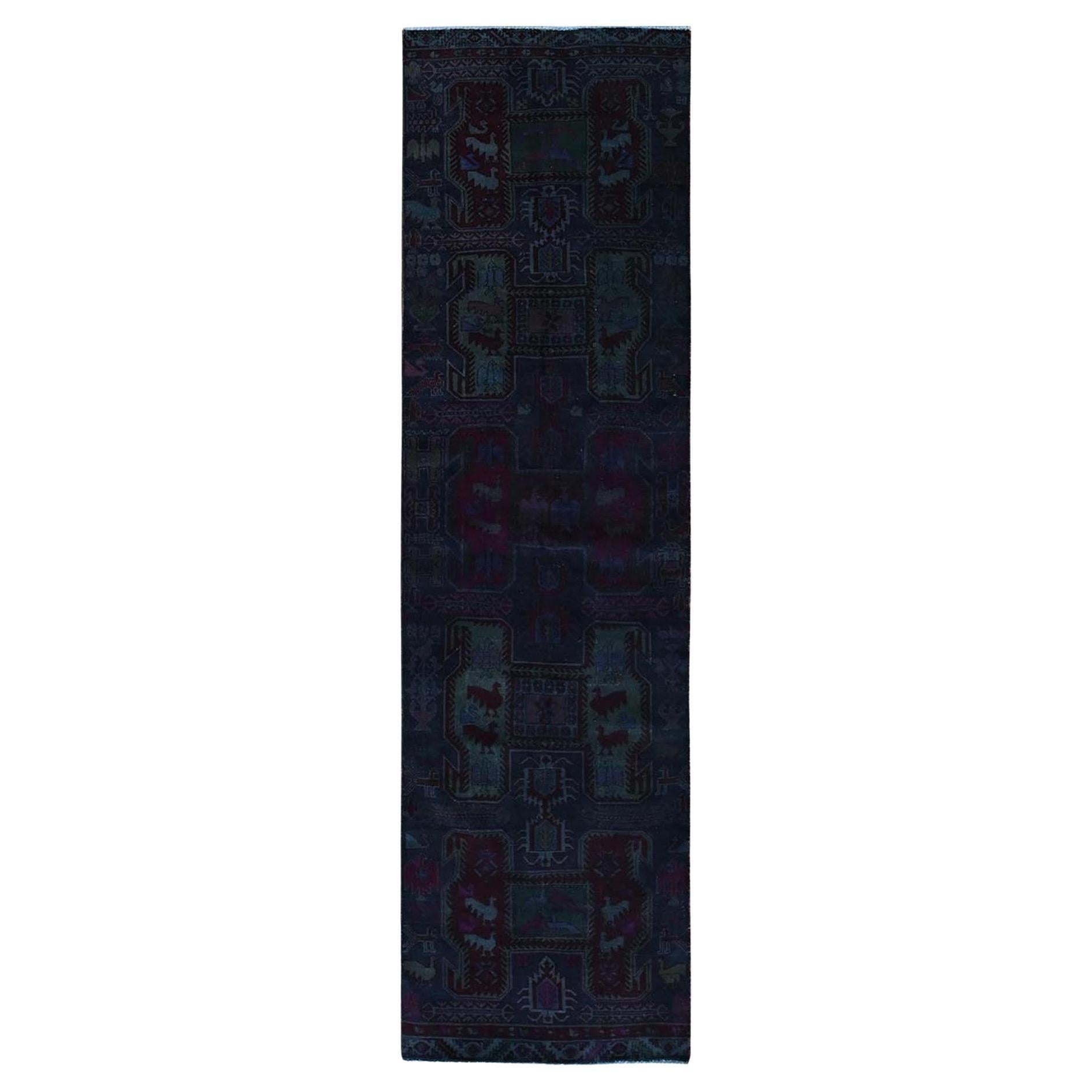 3'x9'9" Tappeto Runner in lana persiano vintage Hamadan annodato a mano con sovratintura viola in vendita