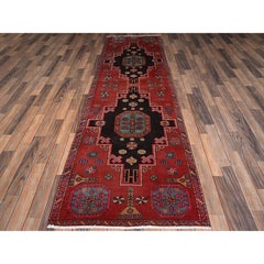 3'x9'9" Red Worn Down Hand Knotted Pure Wool Vintage Persian Heriz Runner Rug