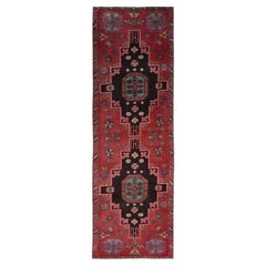 3'x9'9" Red Worn Down Hand Knotted Pure Wool Vintage Persian Heriz Runner Rug