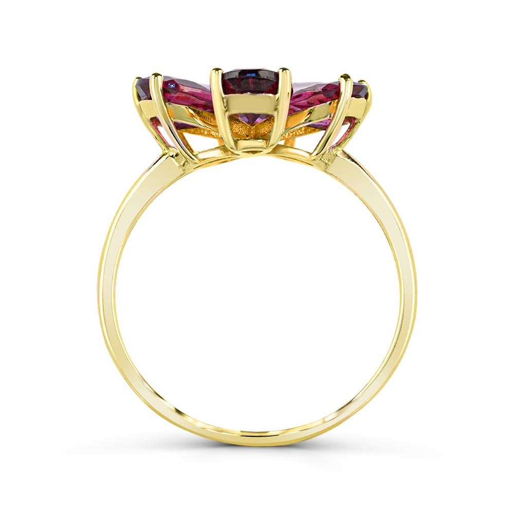 Pear Cut 4-1/10 ct. Rhodolite Flower 14K Yellow Gold over Sterling Silver Ring For Sale