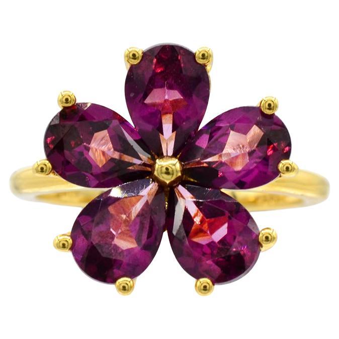 4-1/10 ct. Rhodolite Flower 14K Yellow Gold over Sterling Silver Ring For Sale