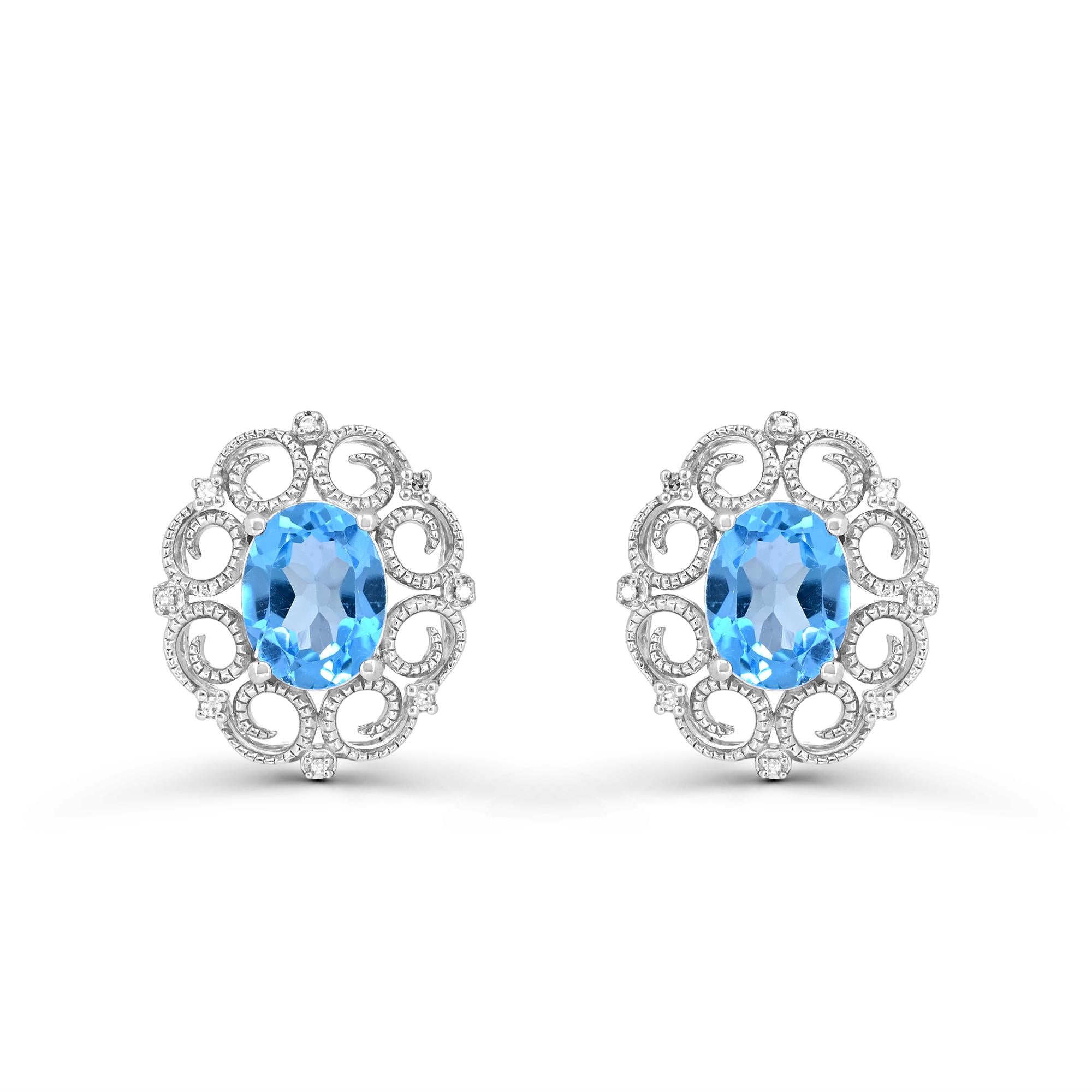 Contemporary 4-1/2 Carat Swiss Blue Topaz and White Diamond Stud Sterling Silver Earrings For Sale