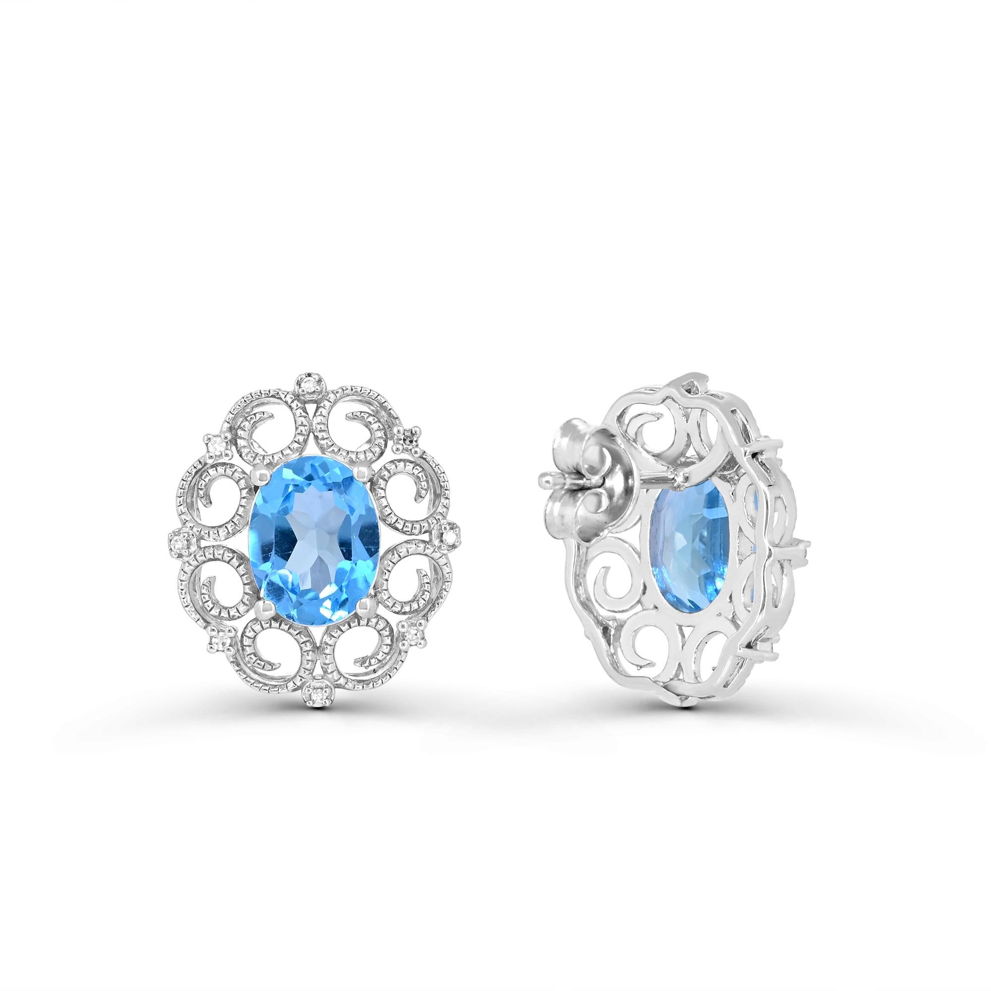 Oval Cut 4-1/2 Carat Swiss Blue Topaz and White Diamond Stud Sterling Silver Earrings For Sale