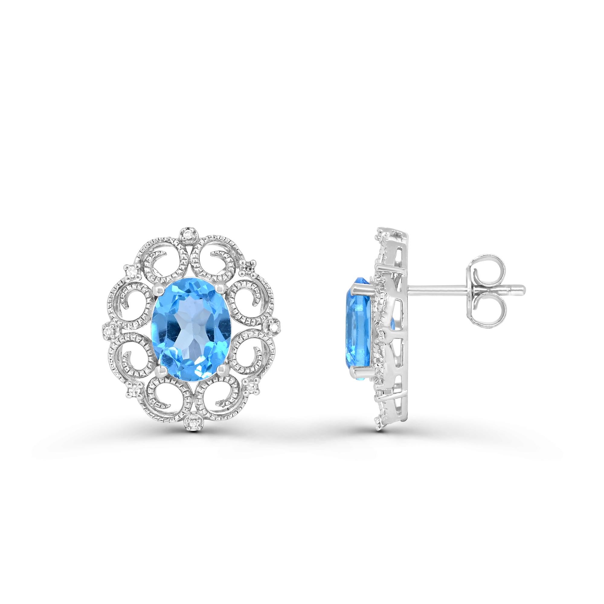 4-1/2 Carat Swiss Blue Topaz and White Diamond Stud Sterling Silver Earrings In New Condition For Sale In New York, NY