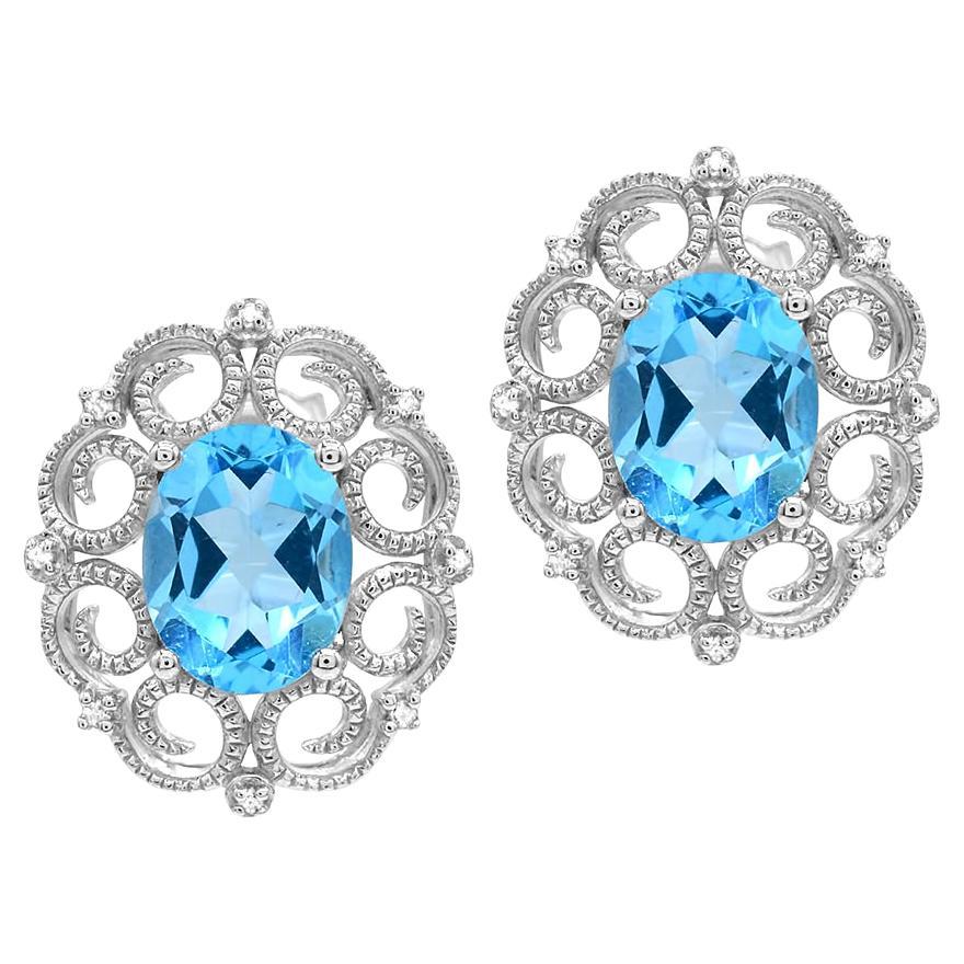 4-1/2 Carat Swiss Blue Topaz and White Diamond Stud Sterling Silver Earrings