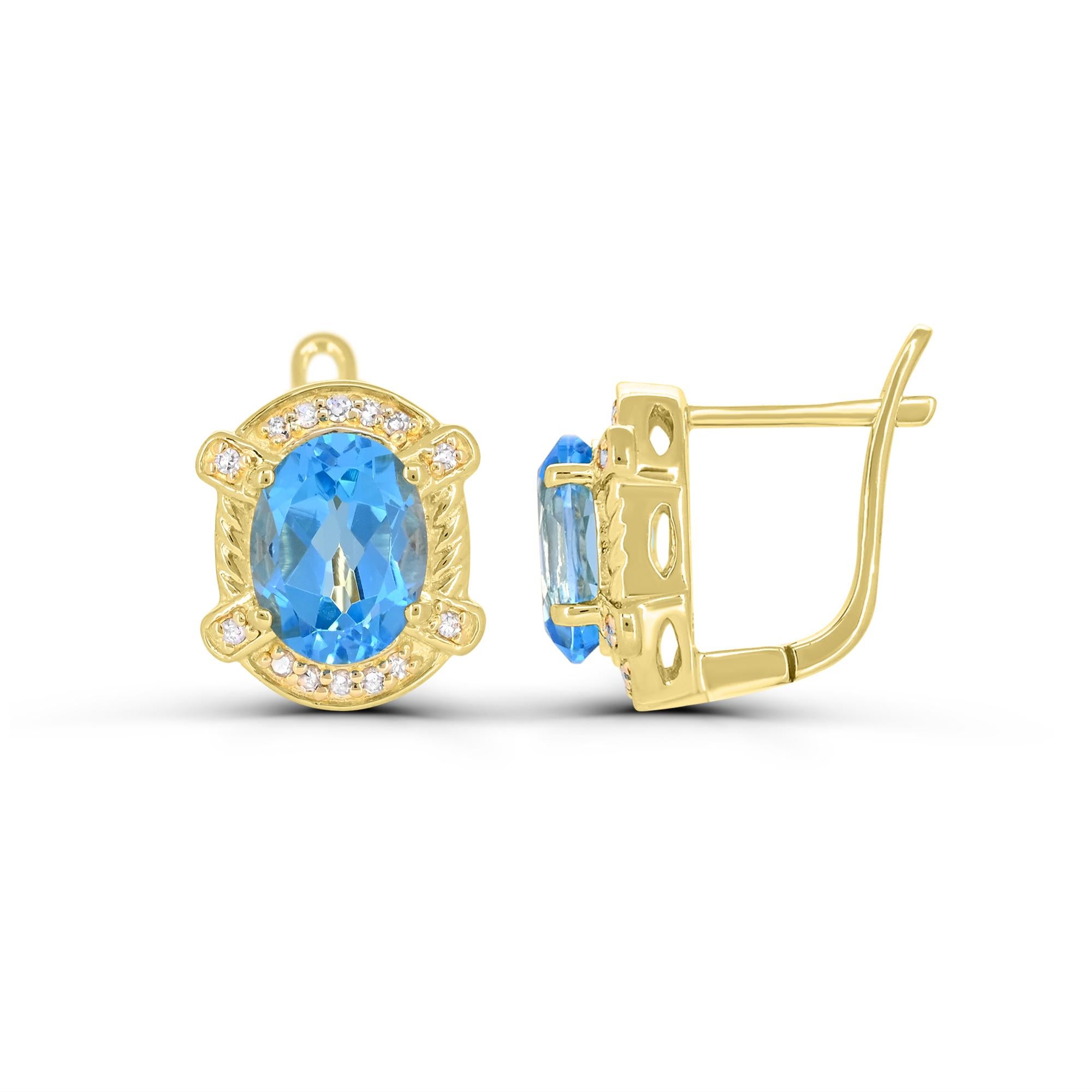 Indulge in the elegance of our Swiss Blue Topaz and White Diamond Earrings in 14K Gold Over Sterling Silver. Crafted with meticulous attention to detail, these earrings boast a stunning combination of Swiss blue topaz and sparkling white diamonds.