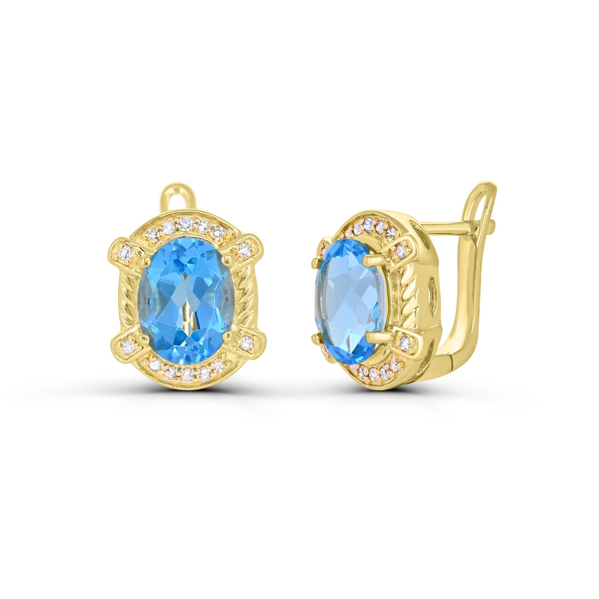 4-1/2 ct. Schweizer Ohrringe aus Gold über Sterlingsilber mit blauem Topas und weißem Diamanten  (Zeitgenössisch) im Angebot