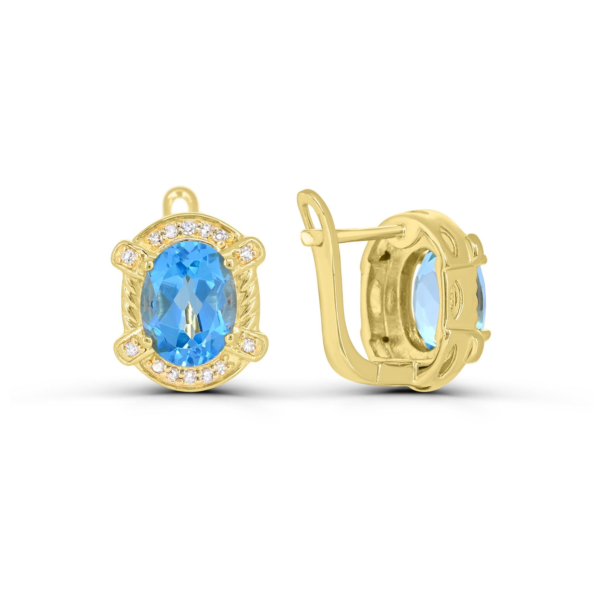 Oval Cut 4-1/2 ct. Swiss Blue Topaz & White Diamond Gold Over Sterling Silver Earrings  For Sale