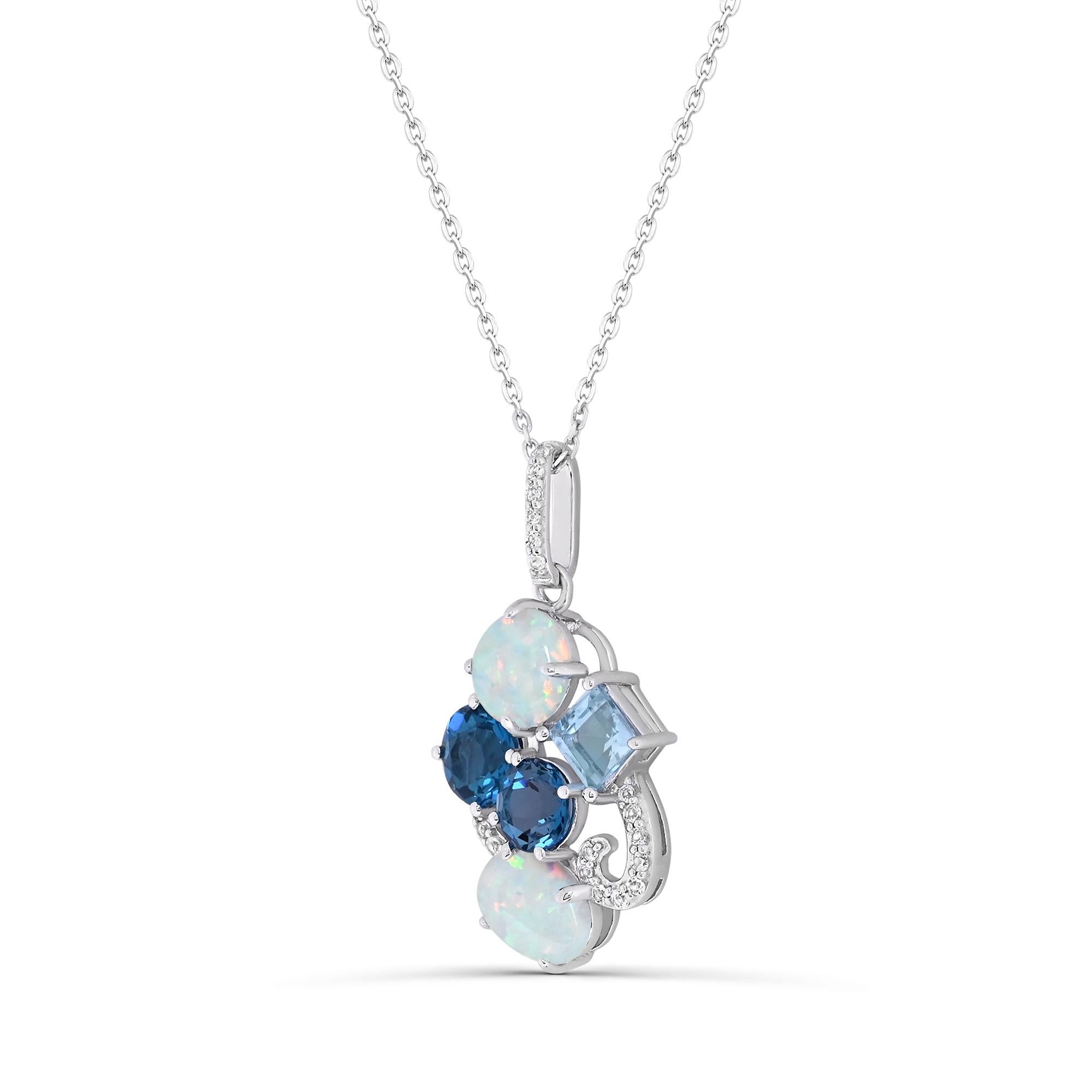 Indulge in the harmonious elegance of our Create Opal with White/London Blue/Sky Blue Topaz Pendant Necklace in Sterling Silver. This necklace boasts a stunning combination of opal, London blue and sky blue topazes accented by sparkling white topaz