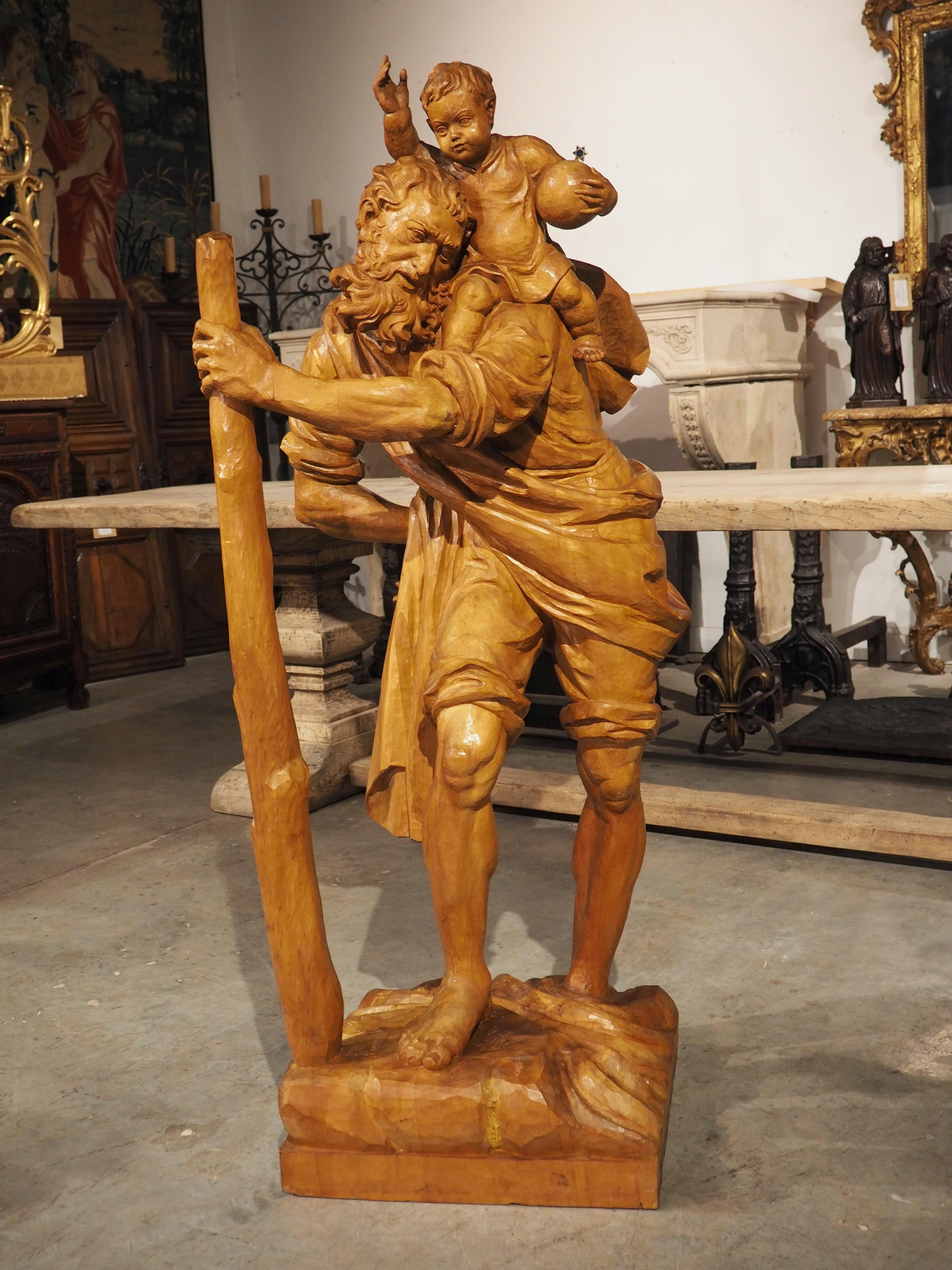 Solid Limewood Statue of St. Christopher, Germany, circa 1930 For Sale 9