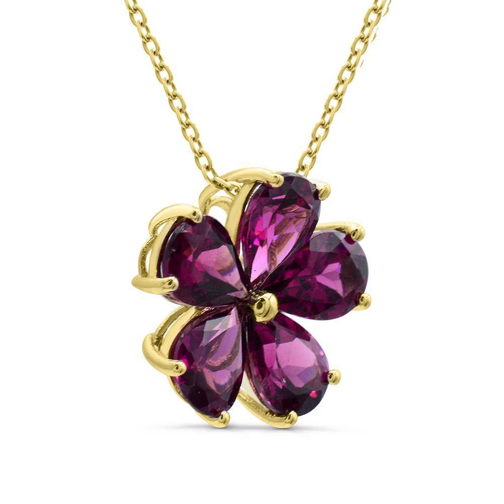 Indulge in the elegance of our Rhodolite Garnet Flower 14K Yellow Gold over Sterling Silver Pendant Necklace. This necklace boasts a stunning character of five pear shape rhodolite garnet petals with a lobster clasp secured cable chain. Elevate any